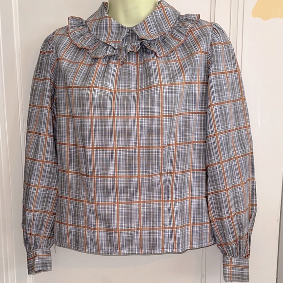 Vintage 70s/80s Handmade Prairie Look Plaid Ruffle Neck Collar Blouse - Picture 1 of 7
